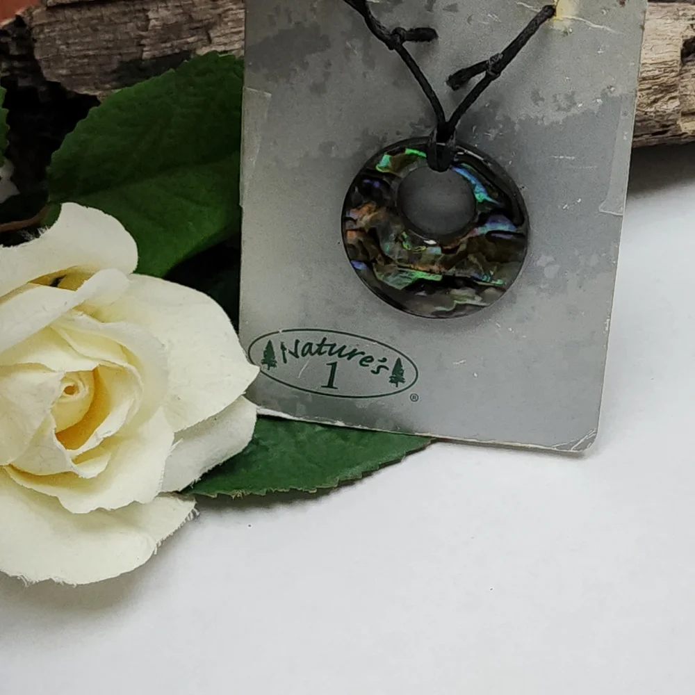 Iridescent Abalone Shell Like Wood Pendant Cord Necklace